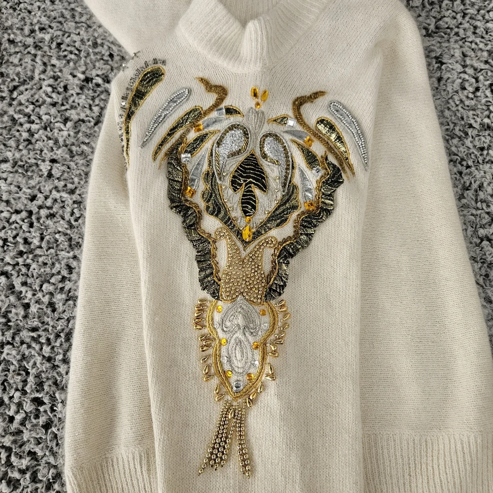 Vintage Cedars Angora Silk Wool Sweater Small Embellished 80s 90s Off White Gold - Picture 6 of 14